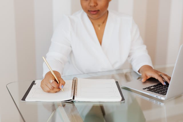 person working on a document
